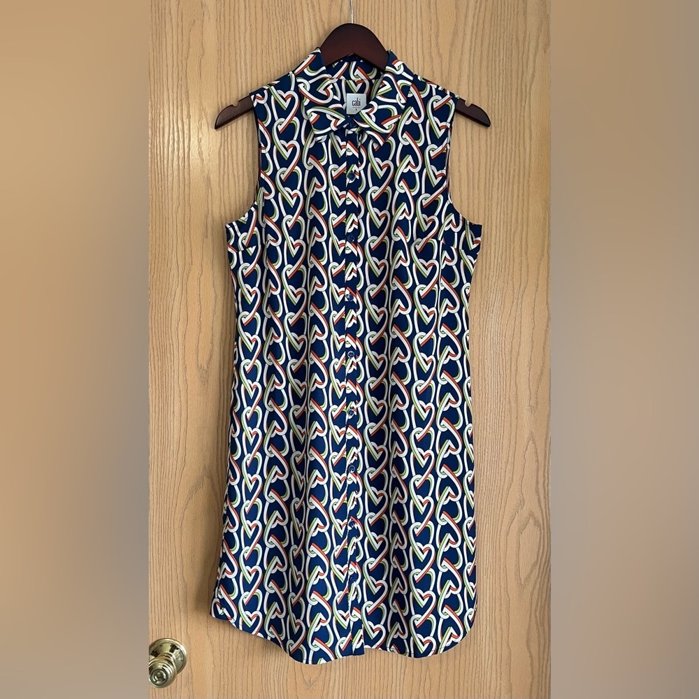 CAbi | Women’s Small | Midi Amour Shirt Dress Blue Collar Buttons Heart Chain